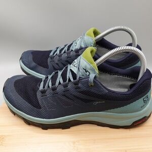 Salomon Shoes Womens 8 Navy Green Outline GTX Gore Tex Trail Hiking 406188